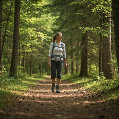 Person hiking on a trail, wearing anti-chafe underwear, focus on comfort and movement
