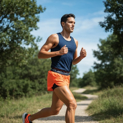 Person wearing anti-chafe underwear running outdoors, dynamic shot