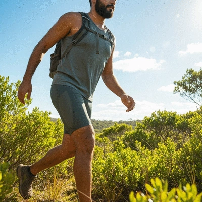 Person wearing anti-chafing comfortwear hiking in Australian landscape