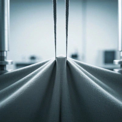 Close-up of fabric being stretched and tested in a lab setting