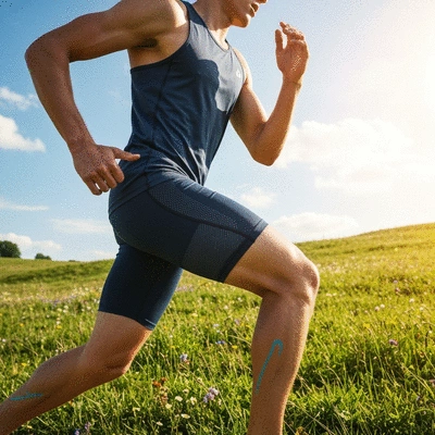Person wearing anti-chafe athletic clothing during a run, vibrant outdoor setting