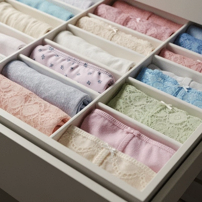 Close-up of neatly organized, colorful underwear in a drawer, suggesting good care and variety